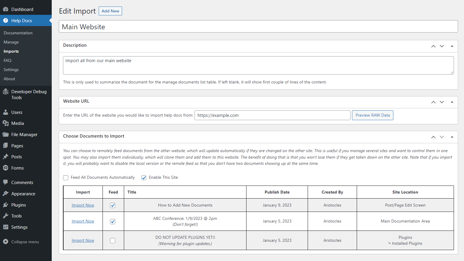 Settings page