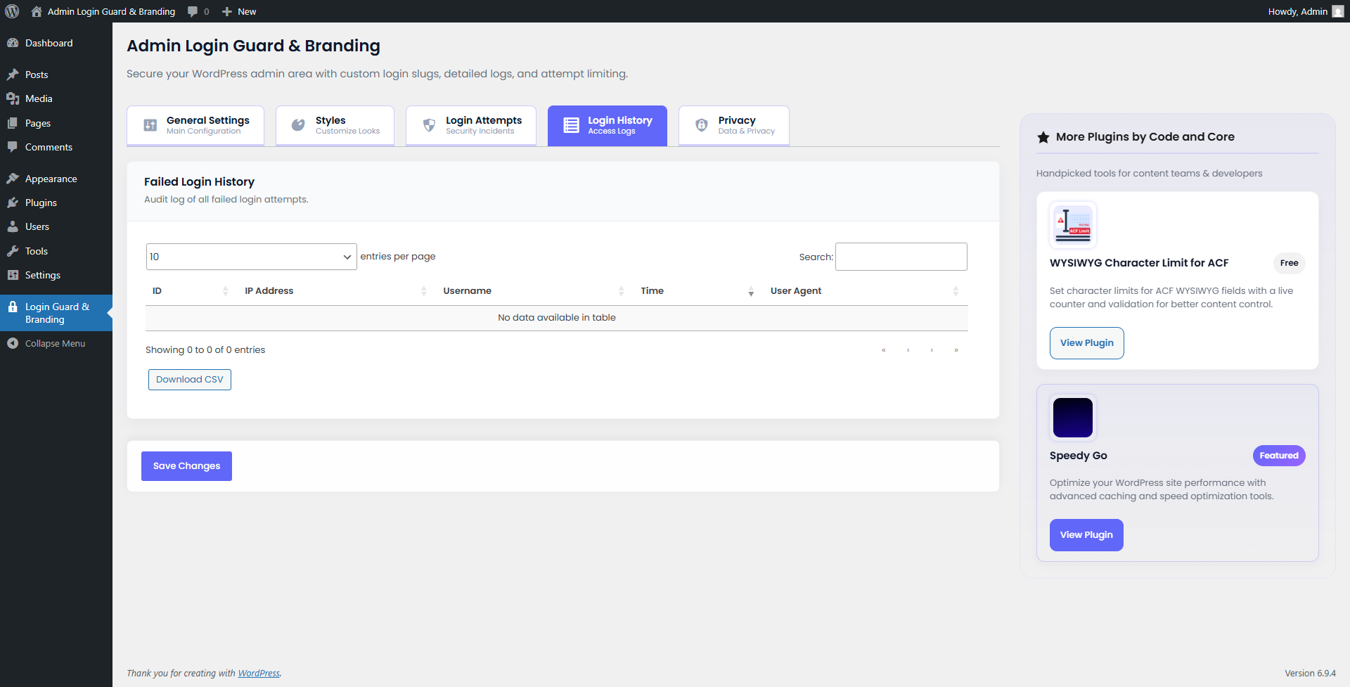 **Login History**: View and export logs of failed login attempts.