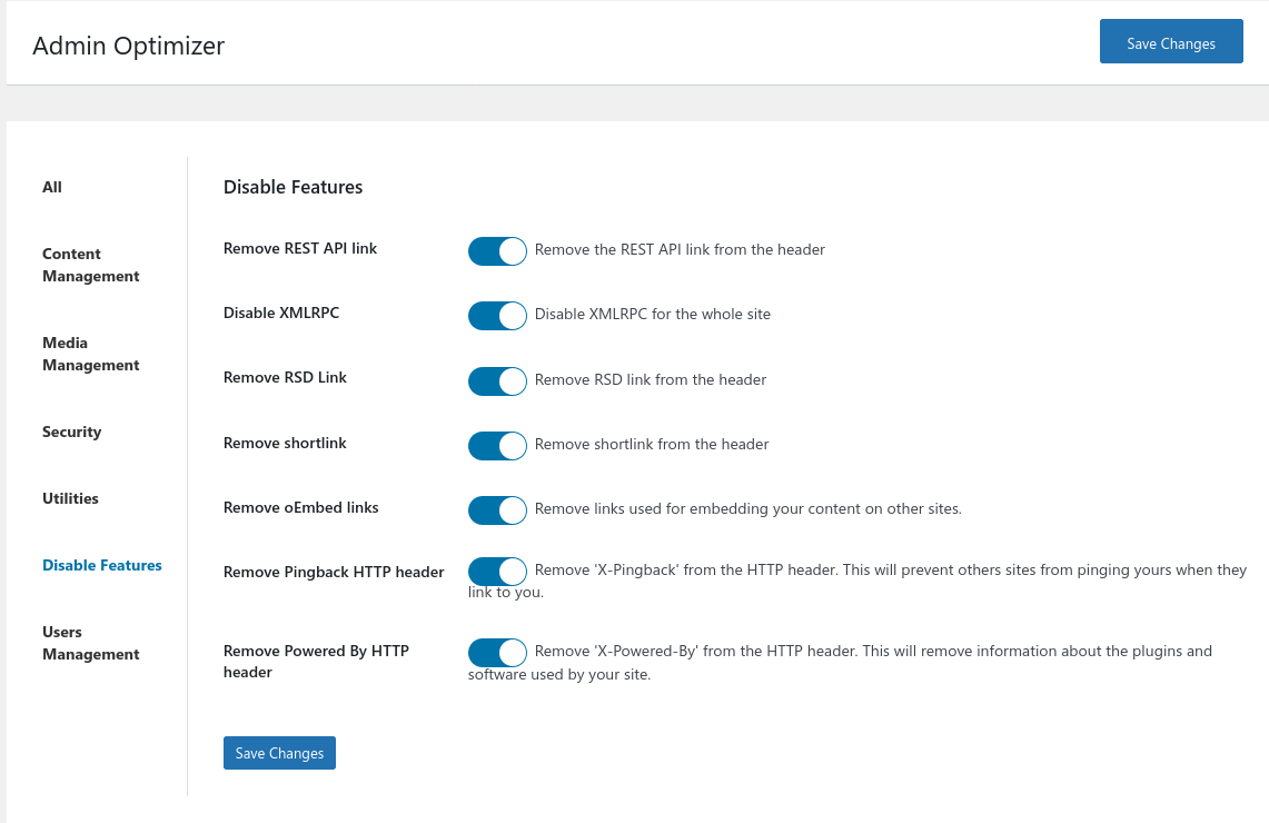 Disable Features Settings
