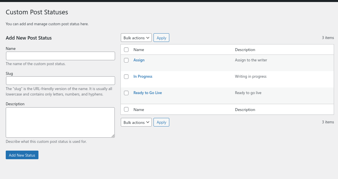 Custom Post Status Settings