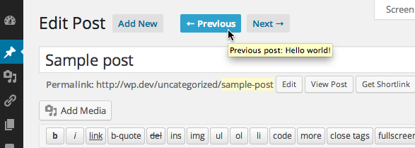 A screenshot of the previous/next links adjacent to the 'Edit Post' admin page header when Javascript is enabled.