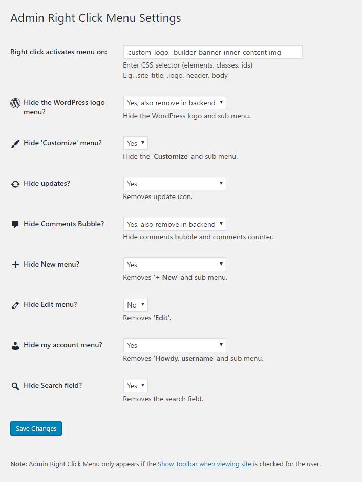 The settings found in **'Settings'** > **'Admin Right Click Menu'**