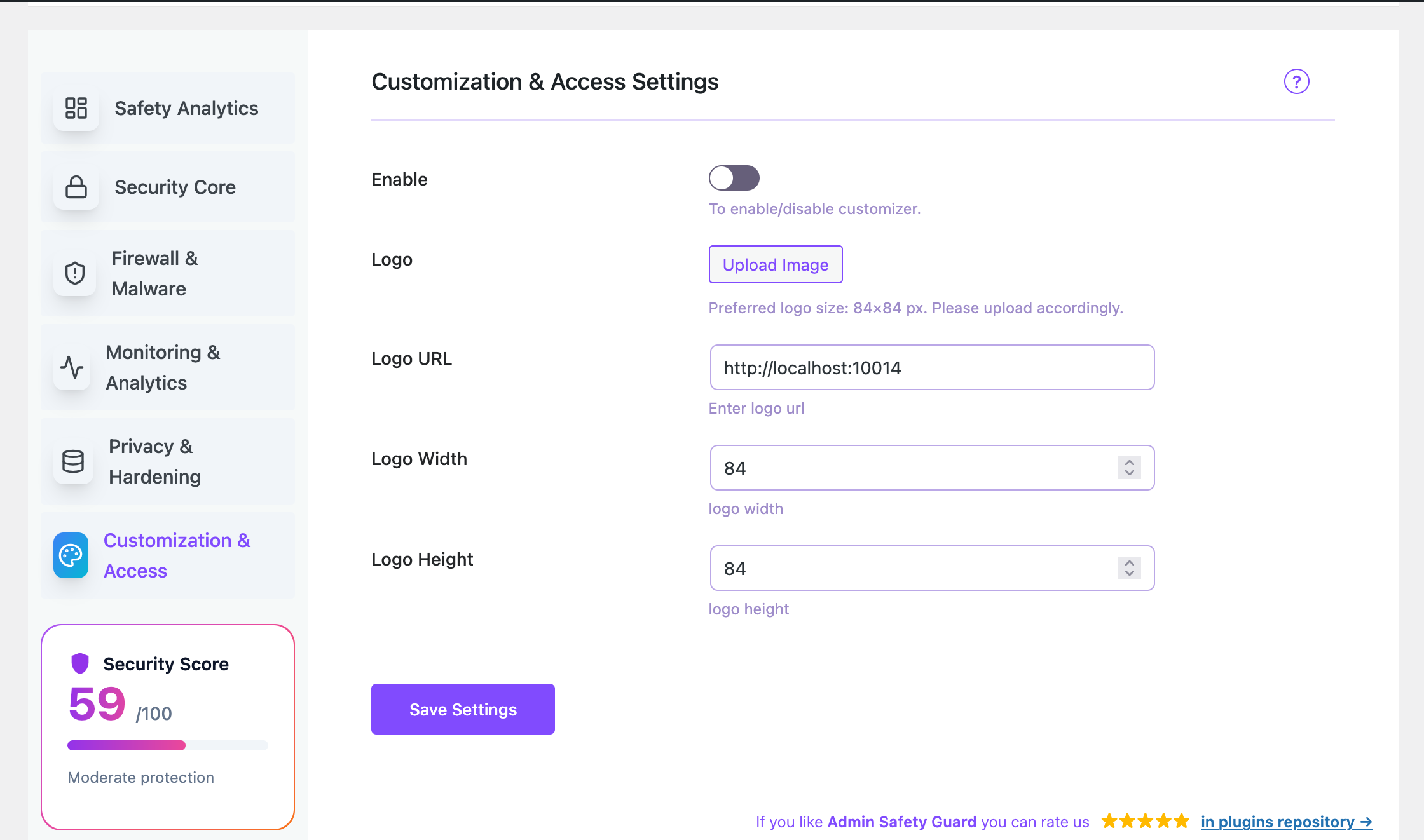 Security Core — full list of free and pro security features with Active/Inactive status
