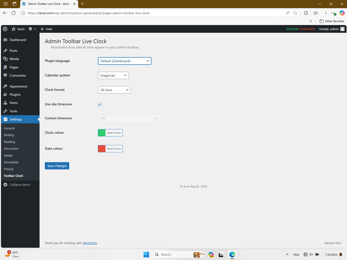 Settings screen – calendar, format, colour & timezone options. (screenshot-2.png)