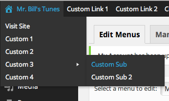 Example menu under the 'My Site' menu, viewed from backend.
