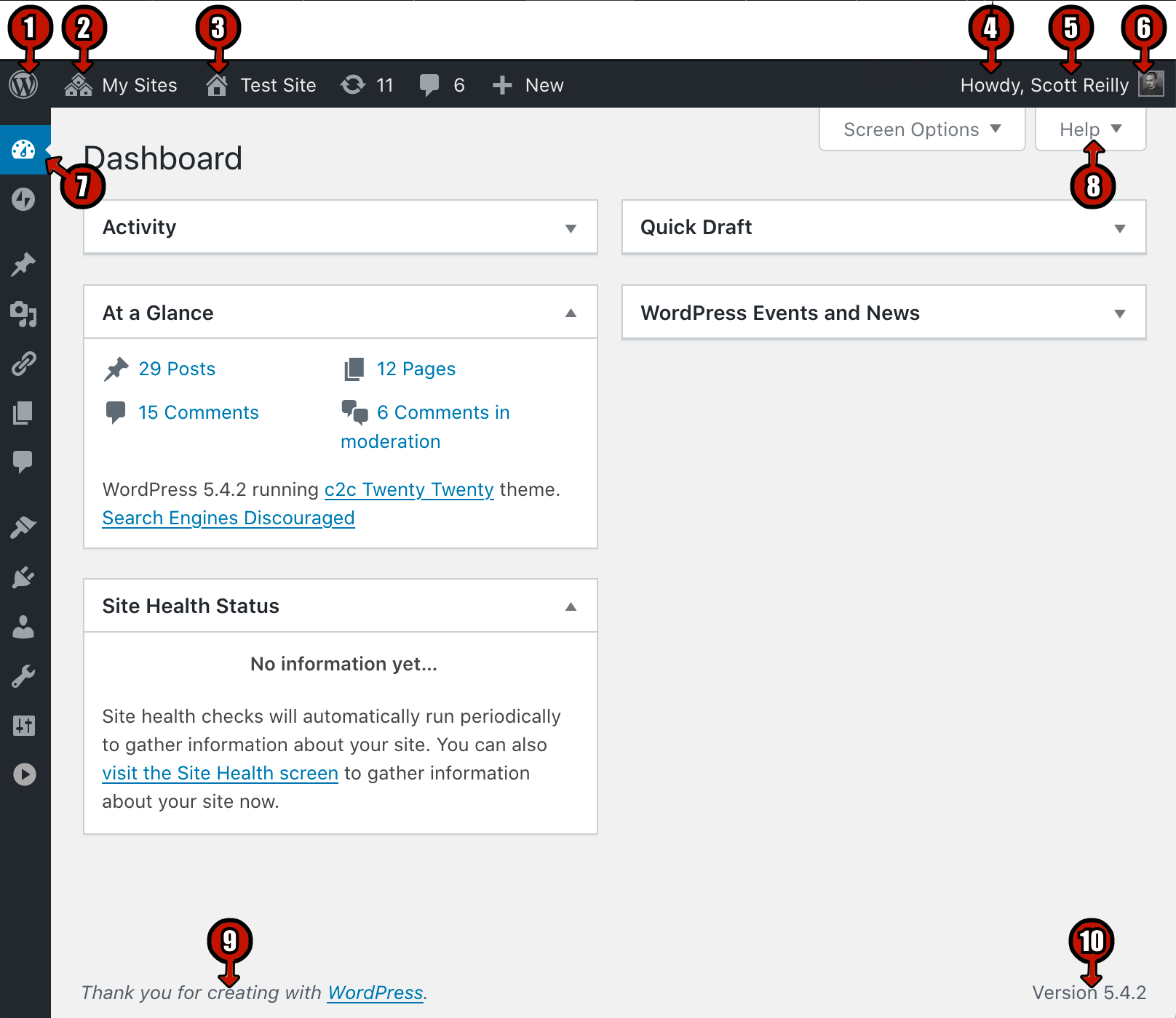 A image identifying the different elements of the admin interface that can be selectively disabled by the plugin.