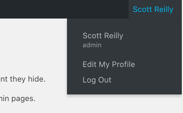 An image of the user section of the admin bar when "Howdy" and the avatar is hidden, leaving only the username.