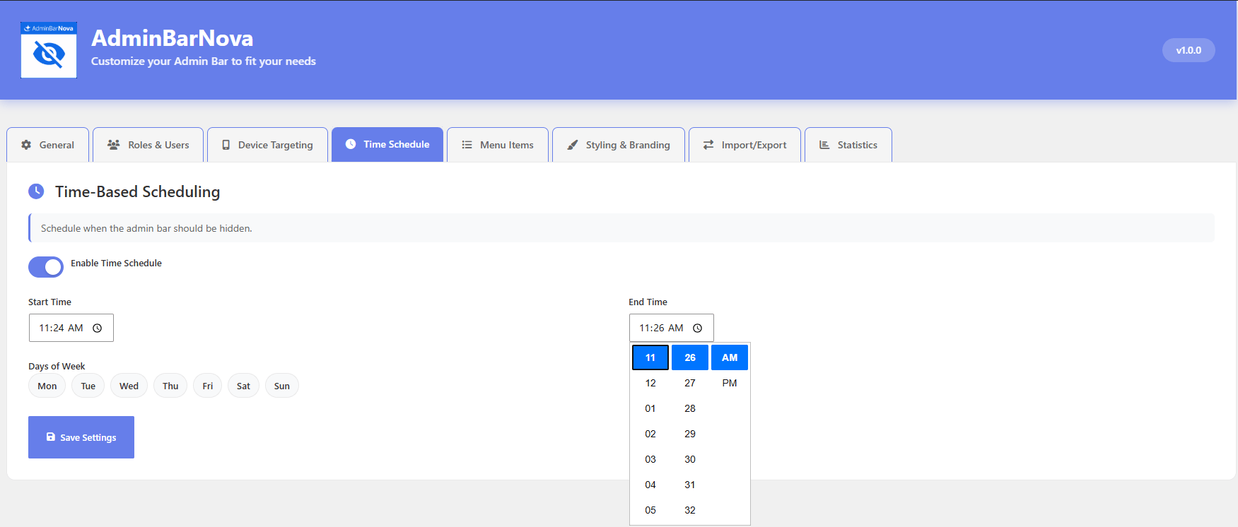 Smart Scheduling – Automatically hide or display the admin bar based on selected days and time ranges.