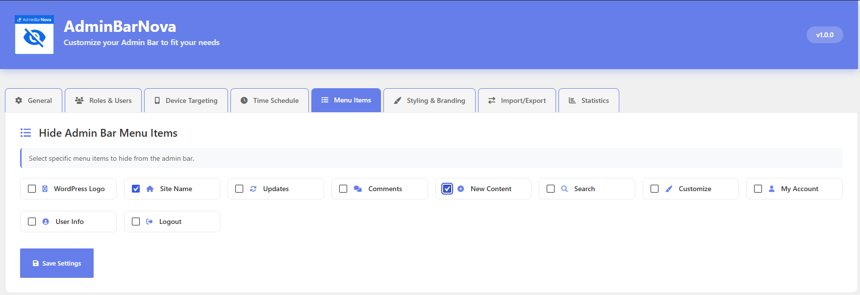 Menu Item Management – Hide or disable individual admin bar menu items for a cleaner and more focused interface.