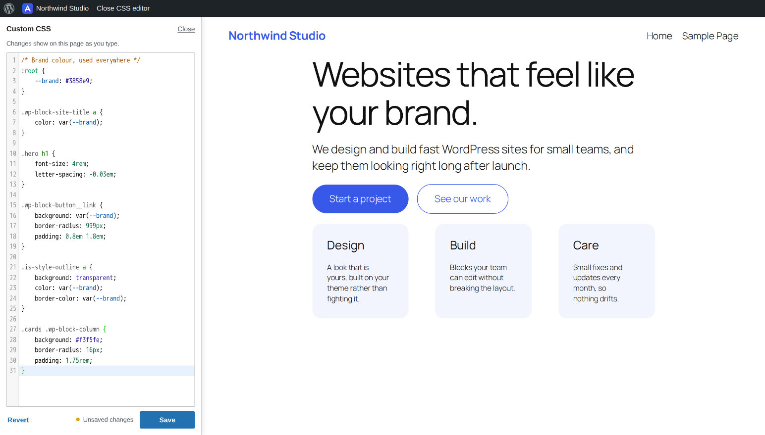 Custom CSS lives under Appearance, in WordPress's own code editor, and stays when you switch themes.