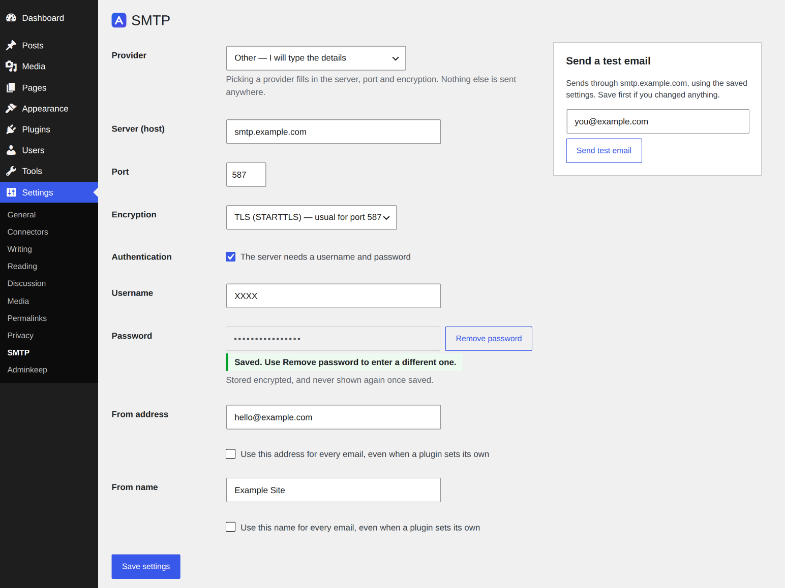 Email Log under Tools: every email your site sends, whether it went out, and filters for status, period and search.