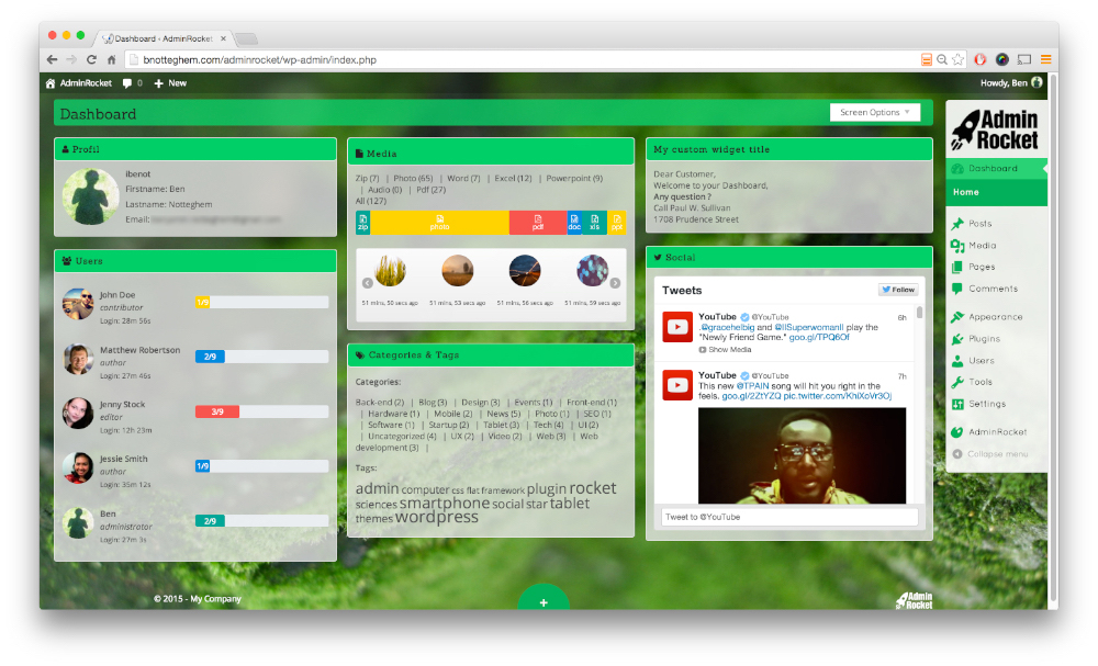 Green light admin dashboard example with custom widget