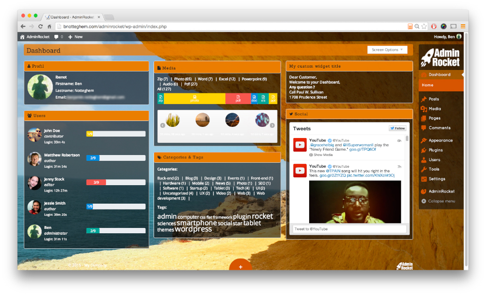 Orange dark admin dashboard example with custom widget