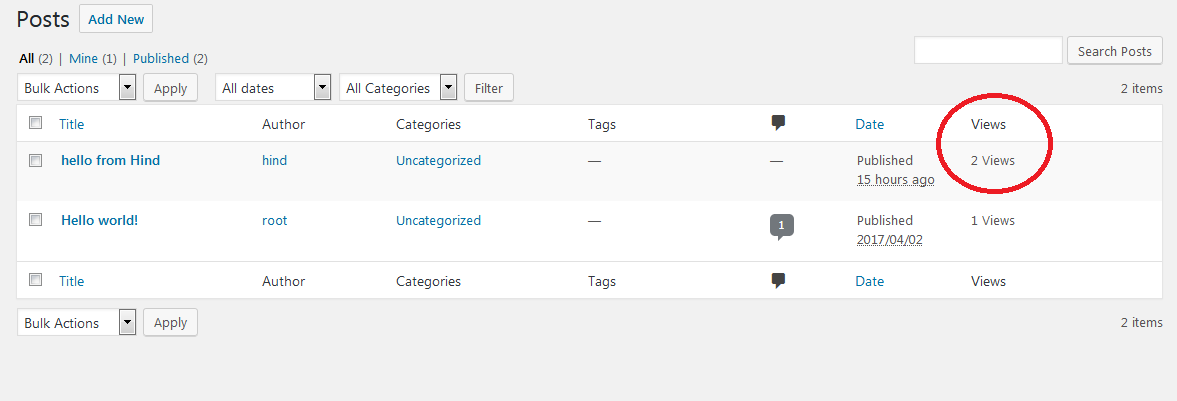 the added column "views" to the posts' table