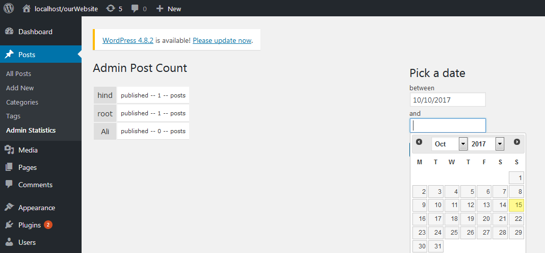 choose two dates to find out how many posts were published by each one