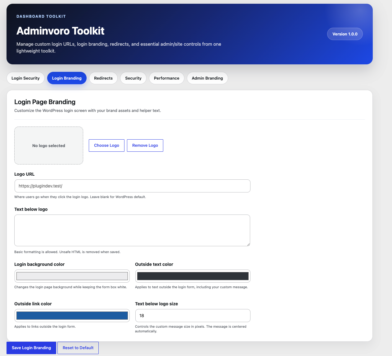 Custom login URL controls and recovery information.