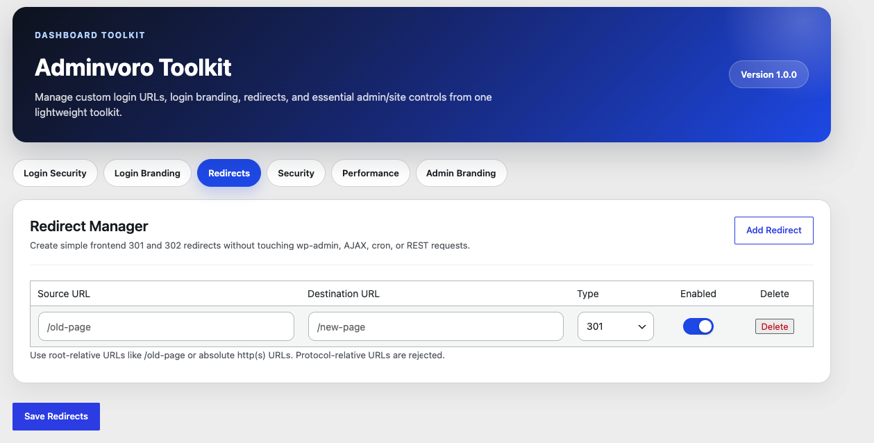 Redirect manager with 301 and 302 rule controls.