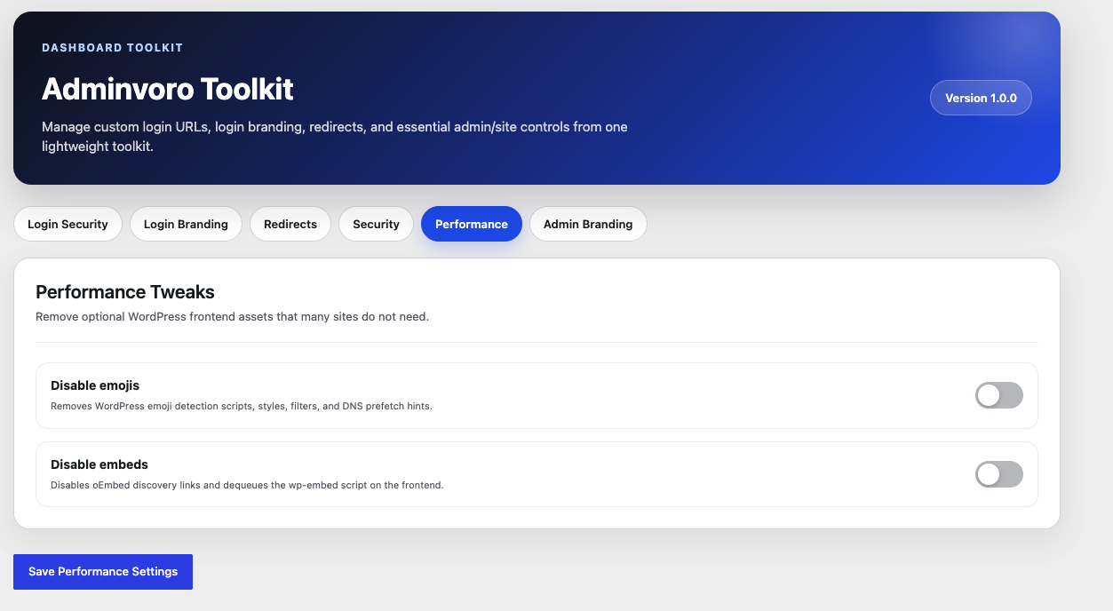 Performance settings for emojis and embeds.