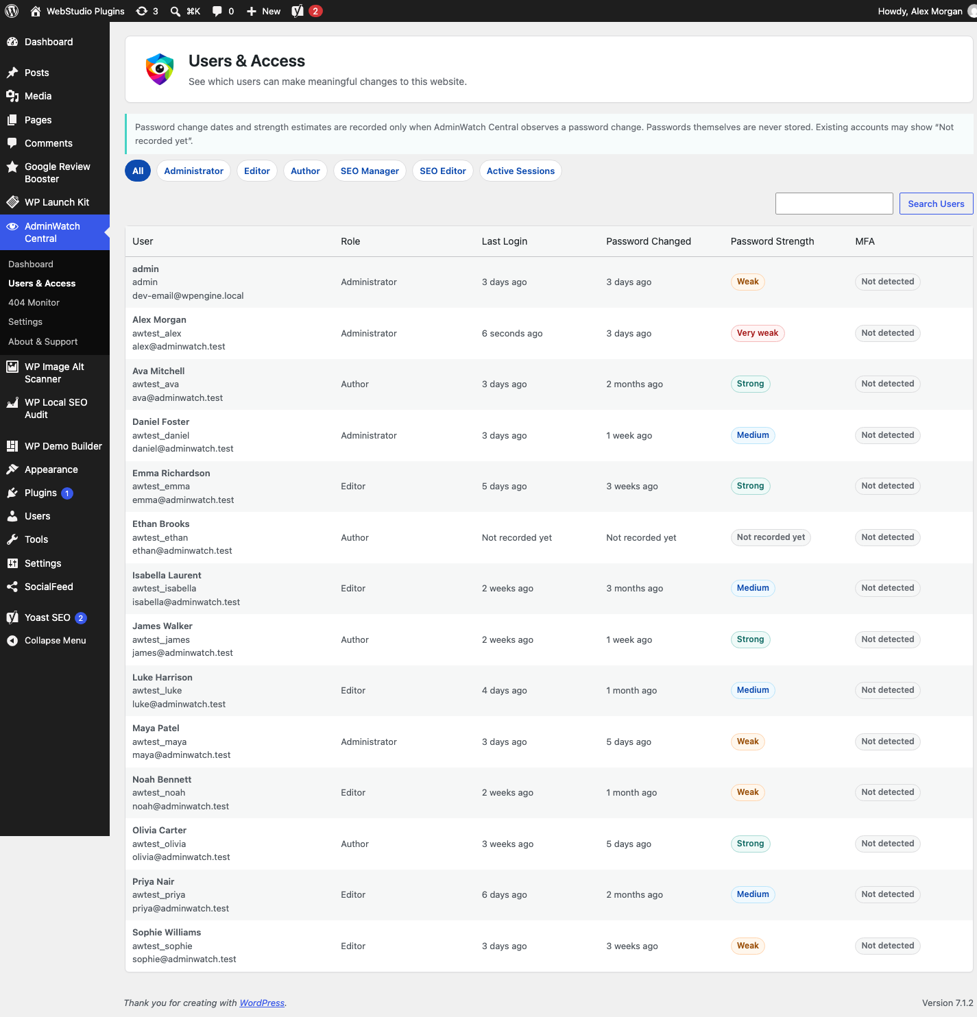 Users & Access showing roles, recent login data, password-change visibility, password-strength estimates and supported MFA status.