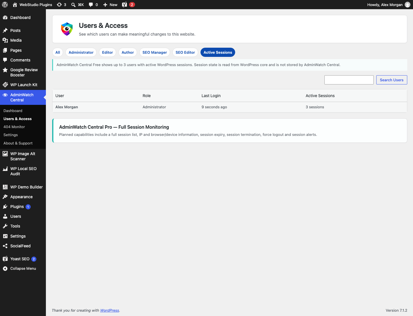 Active Sessions preview using current WordPress session state.