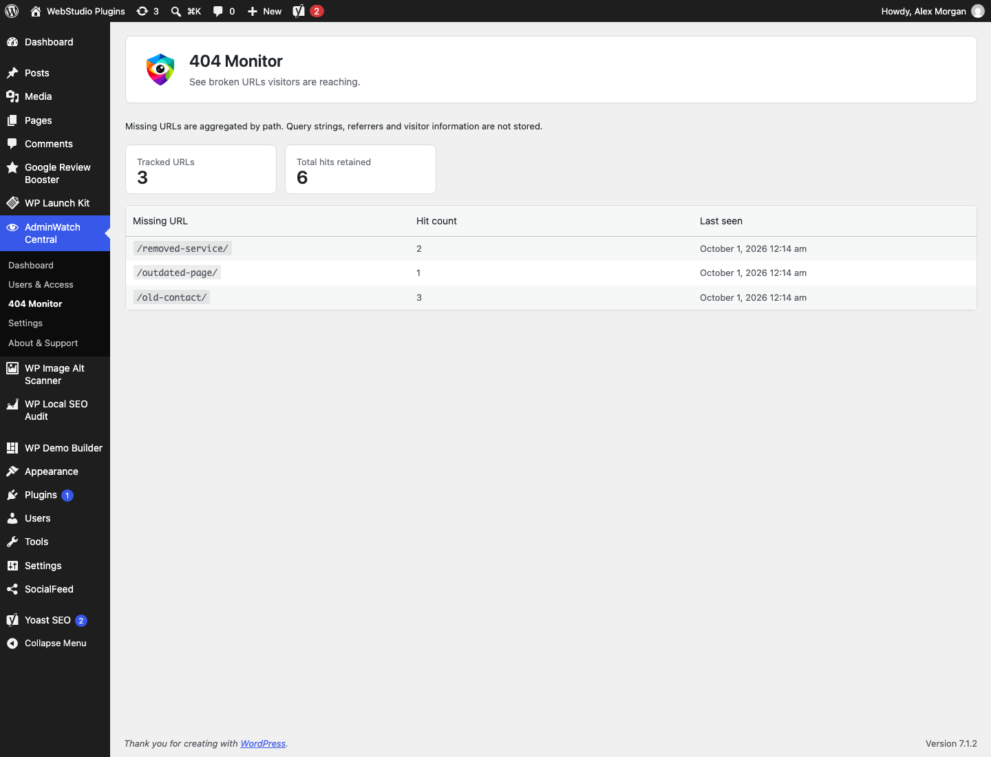 404 Monitor showing aggregated missing URLs, hit counts and last-seen times.