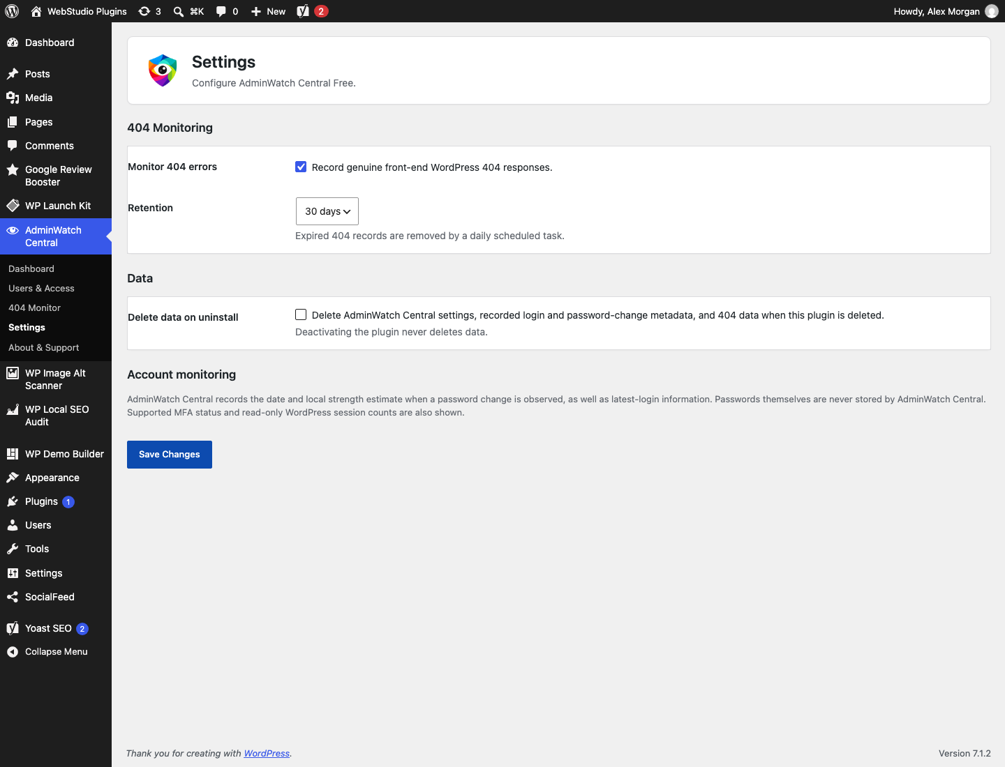 Settings for 404 monitoring, retention and privacy controls.