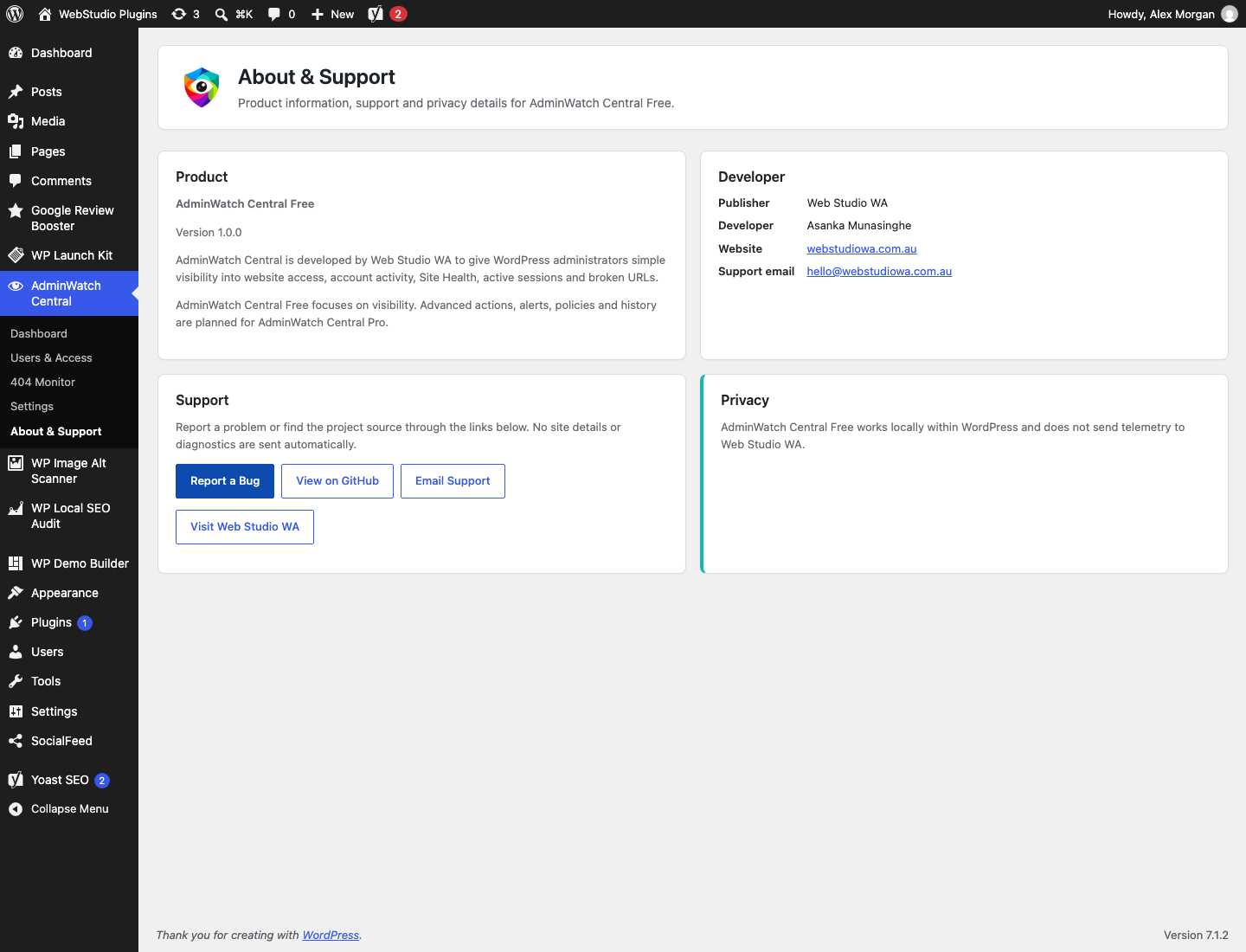About & Support with product, developer, privacy and support information.