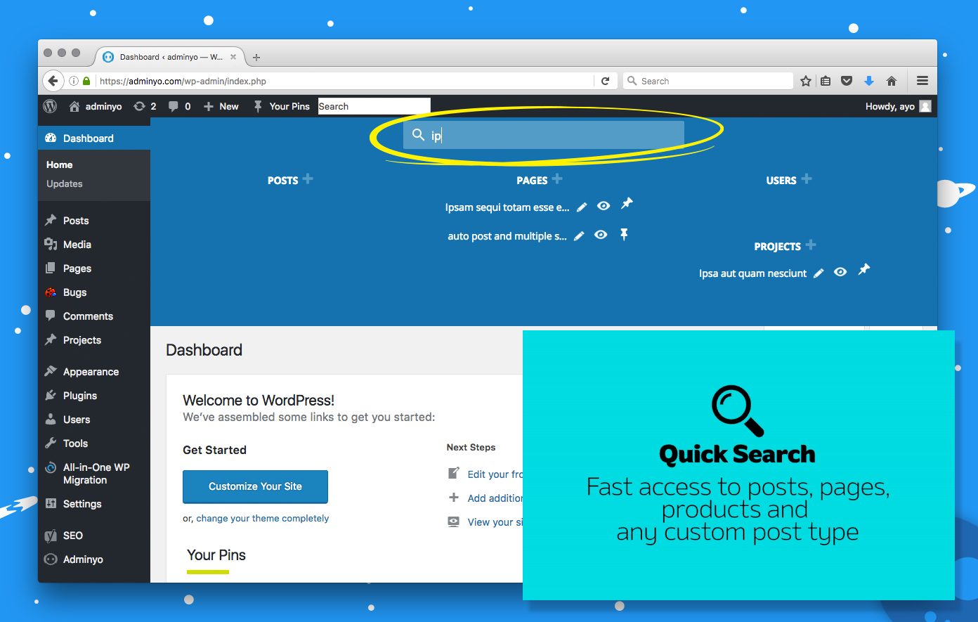 Real-Time Quick Search - This will let you search and filter in real-time all your content(post,pages,products or any custom post type).Each result has 3 buttons-view,edit and pin.[See full details](http://adminyo.com/quick-search/)