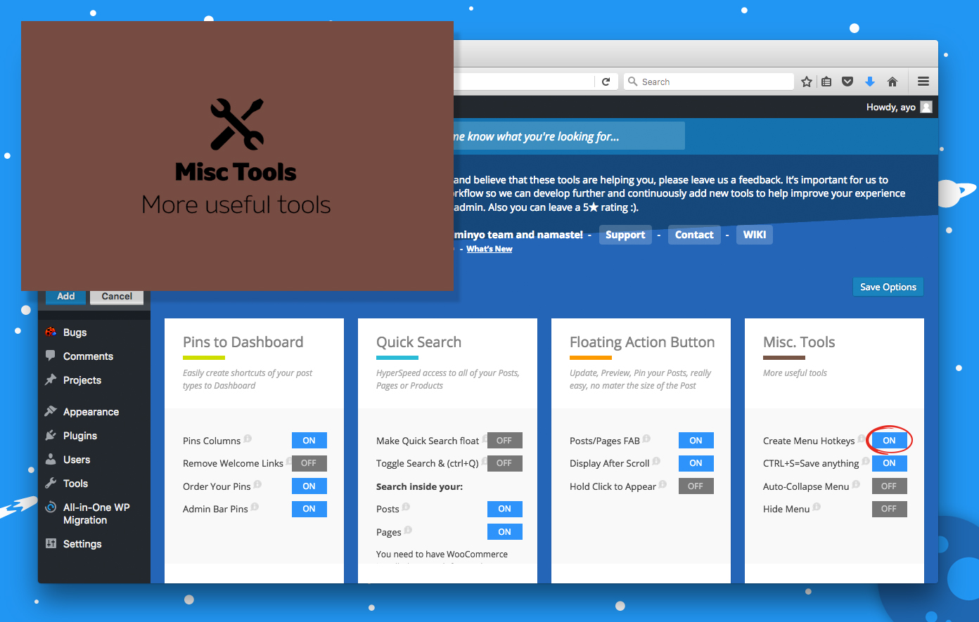 Misc Tools - Multiple smaller tools that will make your experience with wordpress admin much smoother and easyer.[See full details](http://adminyo.com/misc-tools//)