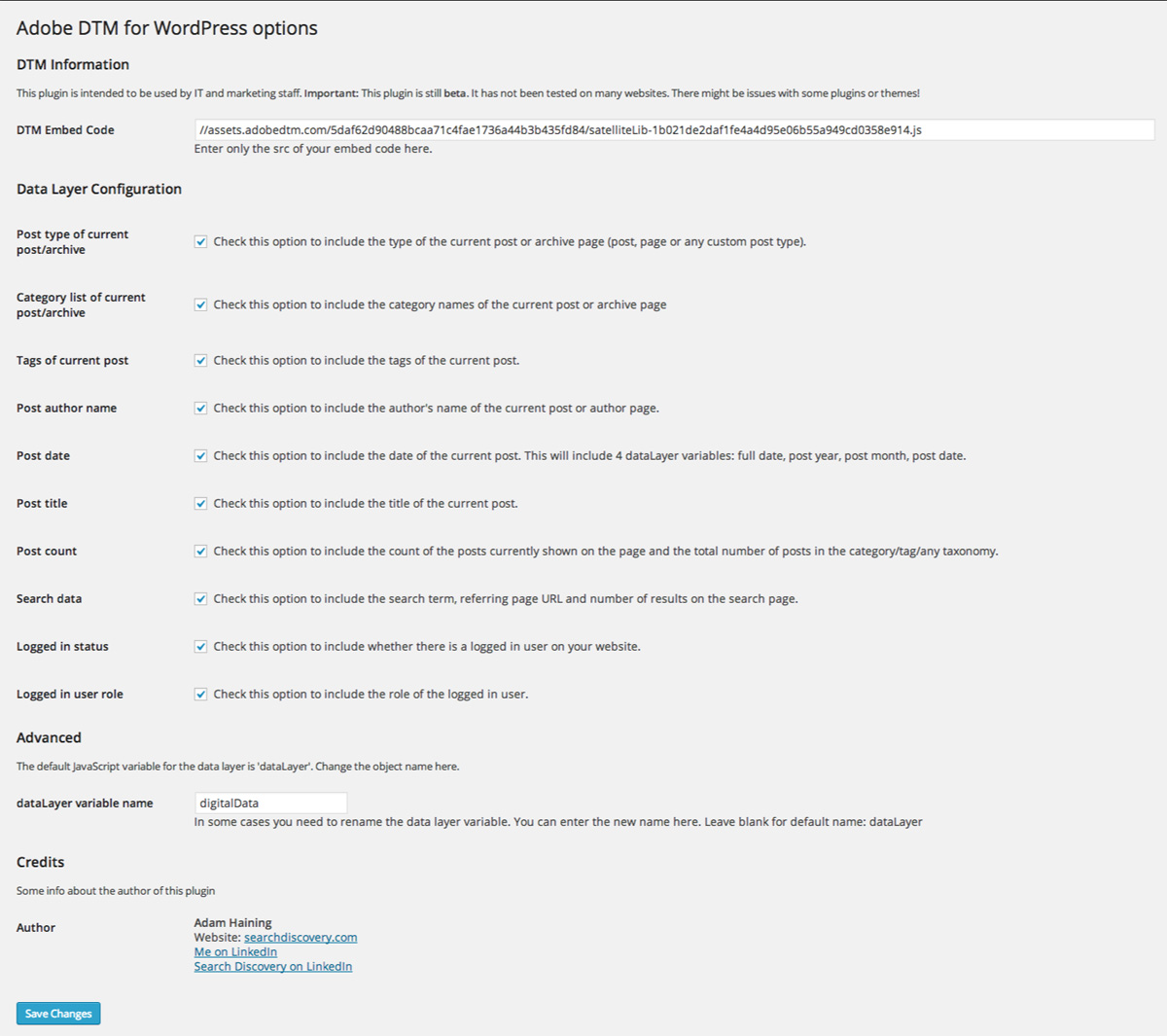 This is the one configuration page for the Adobe DTM plugin.  It shows the options for entering the code file reference, as well as what can be automatically built into the data layer.