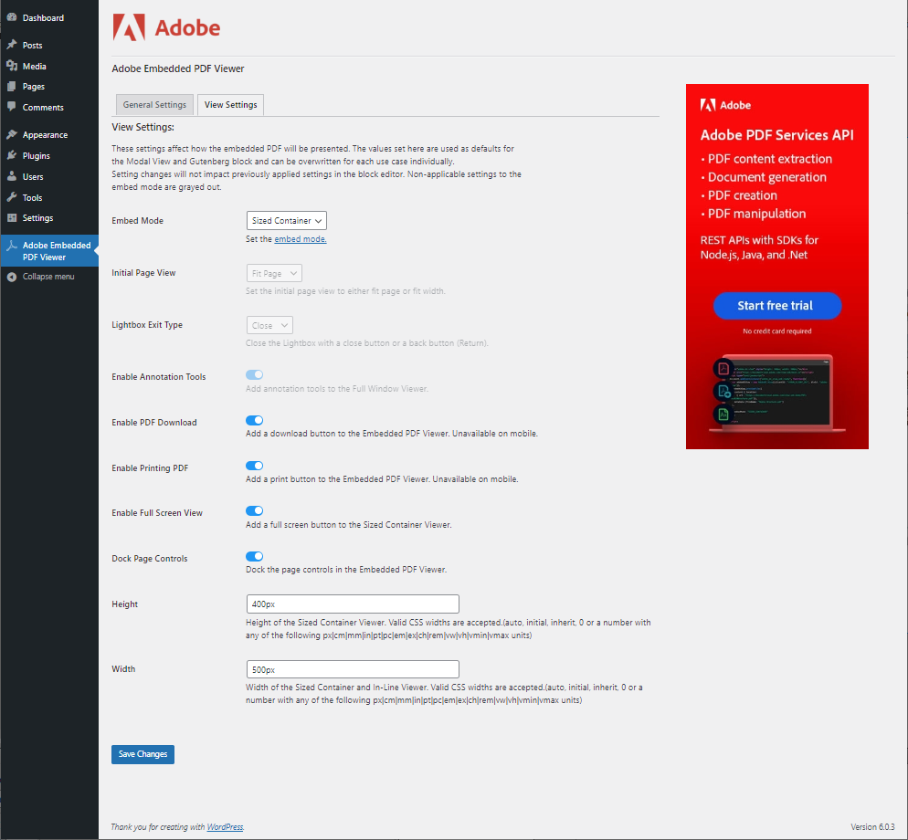 Configure the default appearance of your PDFs in the **Adobe Embedded PDF Viewer** > **View Settings**.