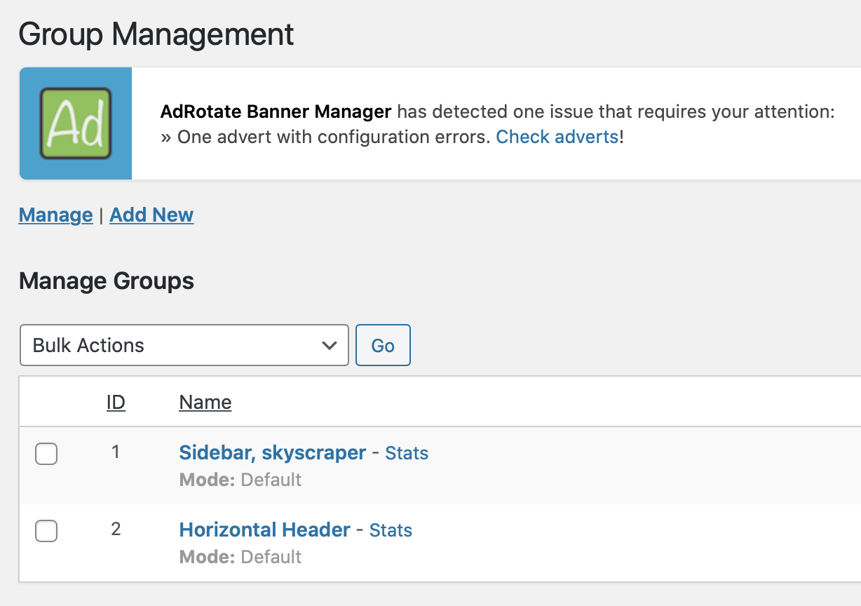 Manage groups, which can act as locations or slots on your website via AdRotate