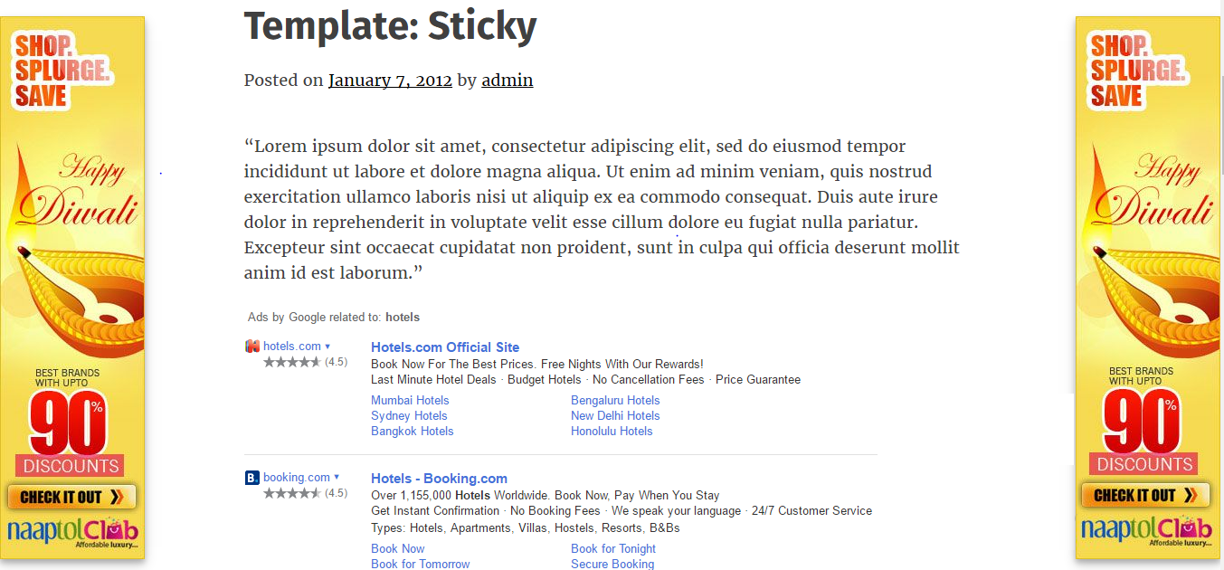 Post with advt. after first paragraph and sticky ads in sidebars