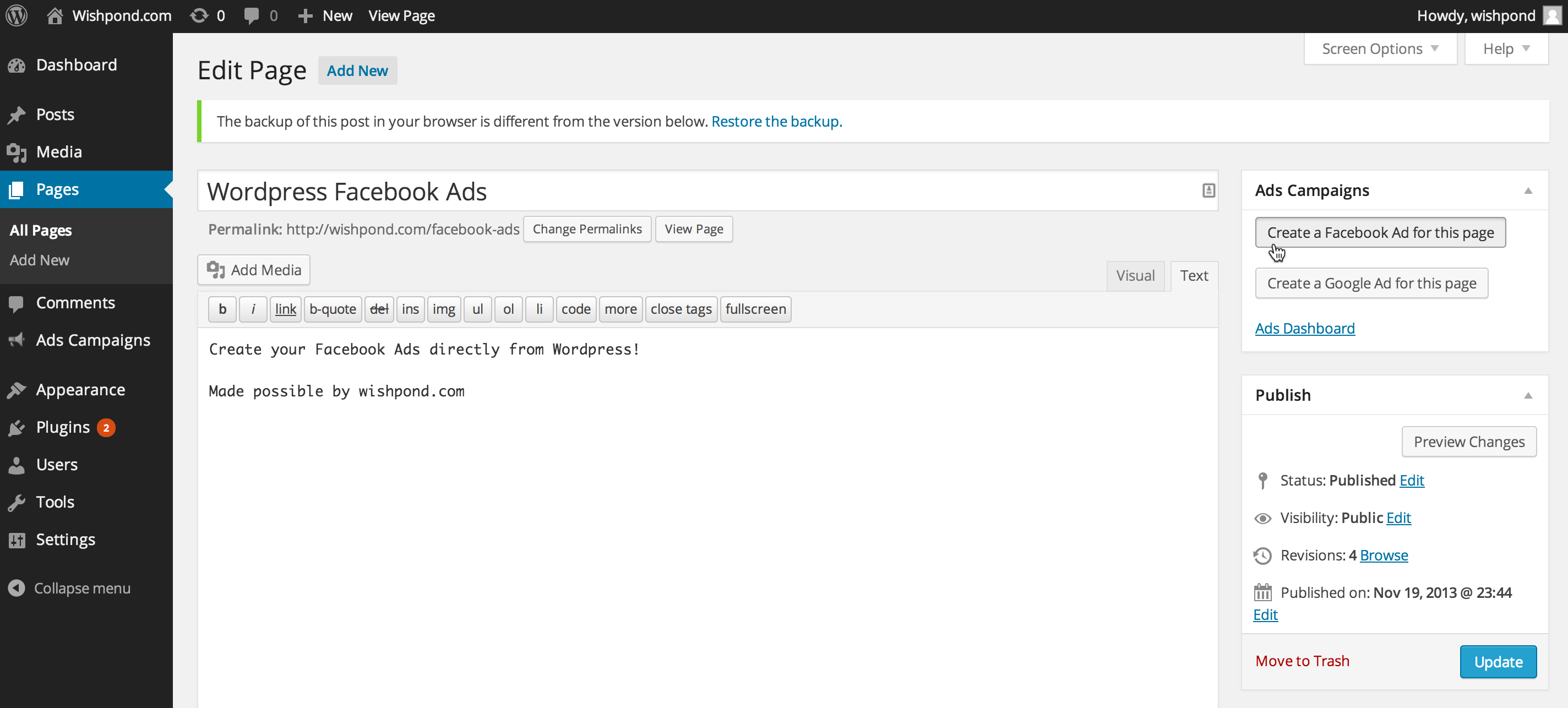Create a Facebook Ad directly from Wordpress