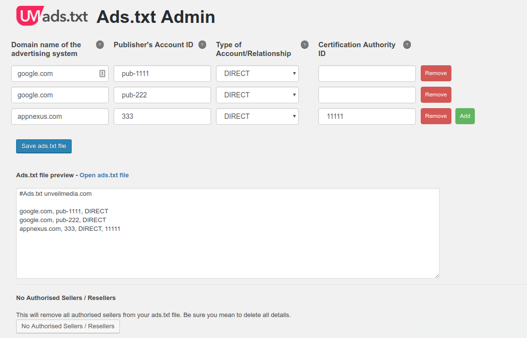 This screen shows how a user can manage/edit a site's ads.txt file with Ads.txt Admin.