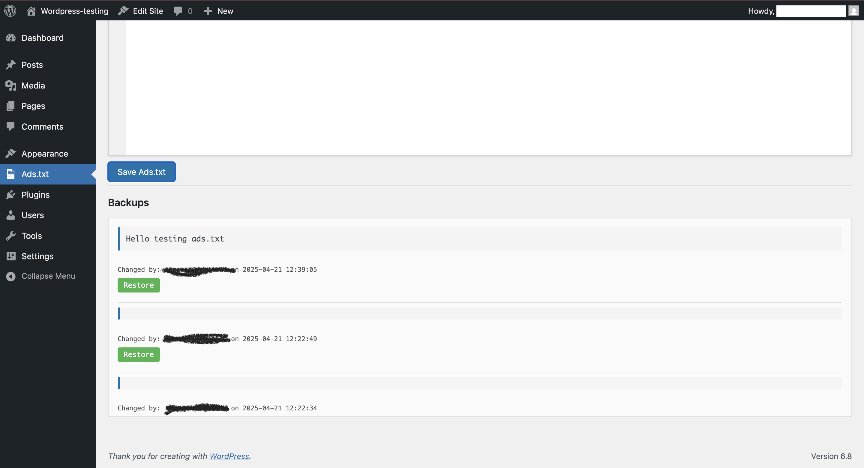 Backup history with restore options