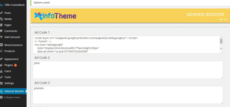 Screen shot is showing the textarea to place the adsense ad code.