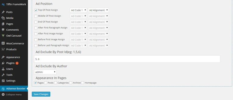 The options to block the posts by post ID and author, set appearance where you want to show the ads.