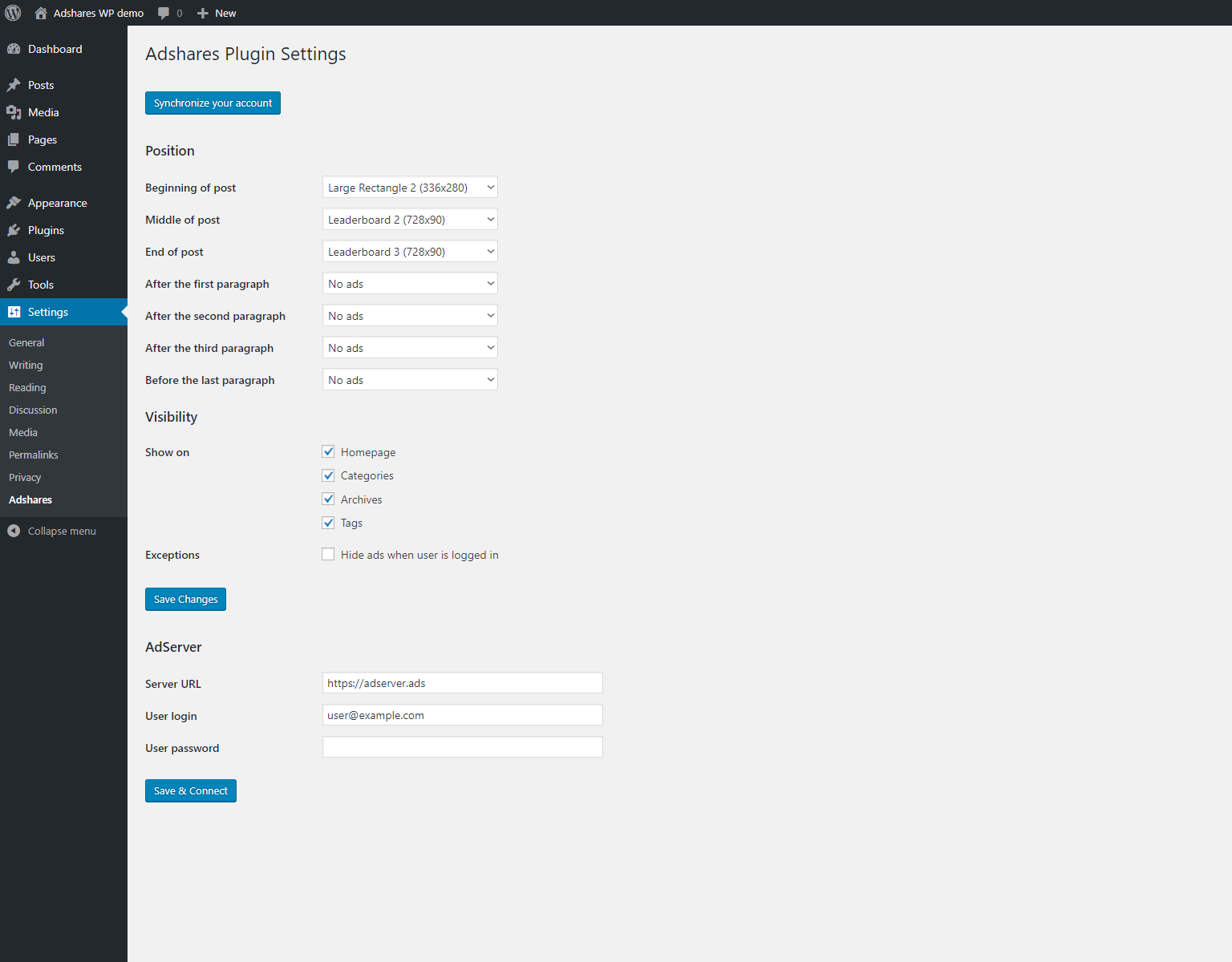 Settings page