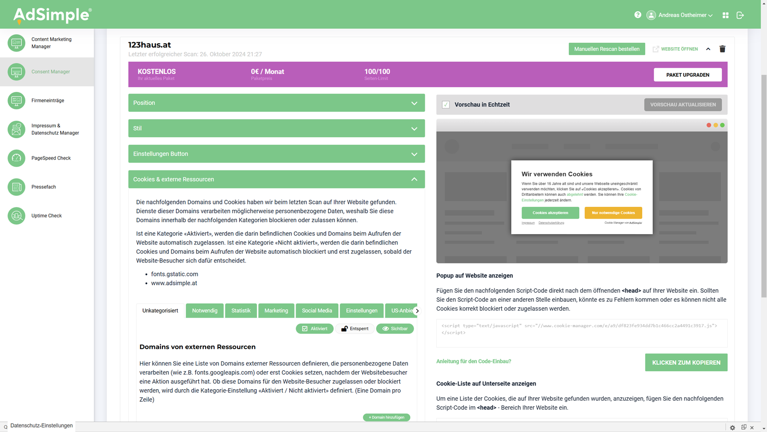 Cookie Banner Plugin dashboard with AdSimple ID entered