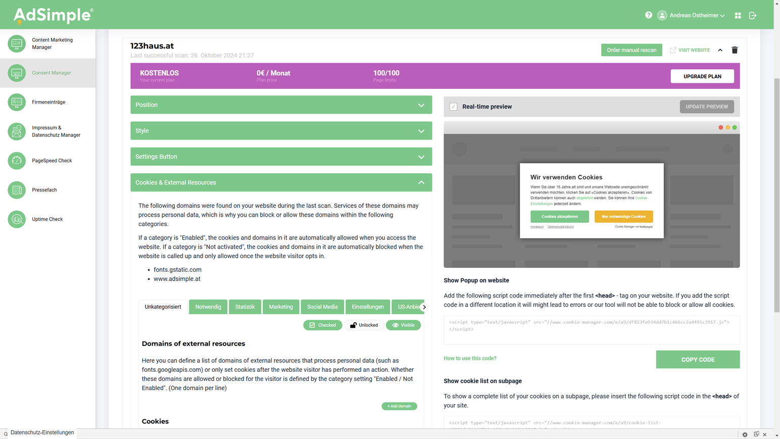 Cookie Banner Plugin dashboard with AdSimple ID saved