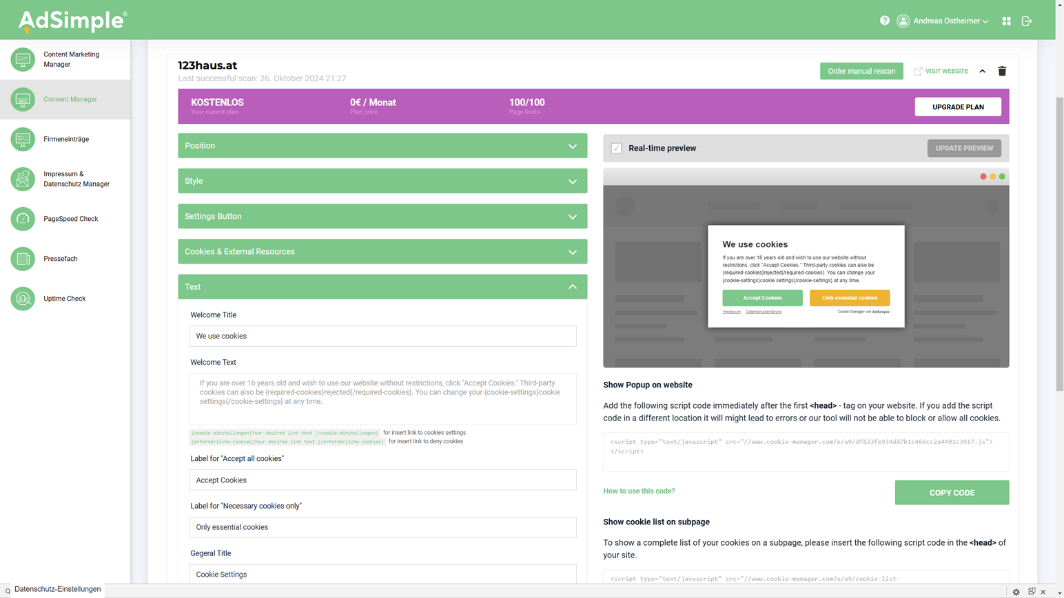 Consent Manager domain settings for position