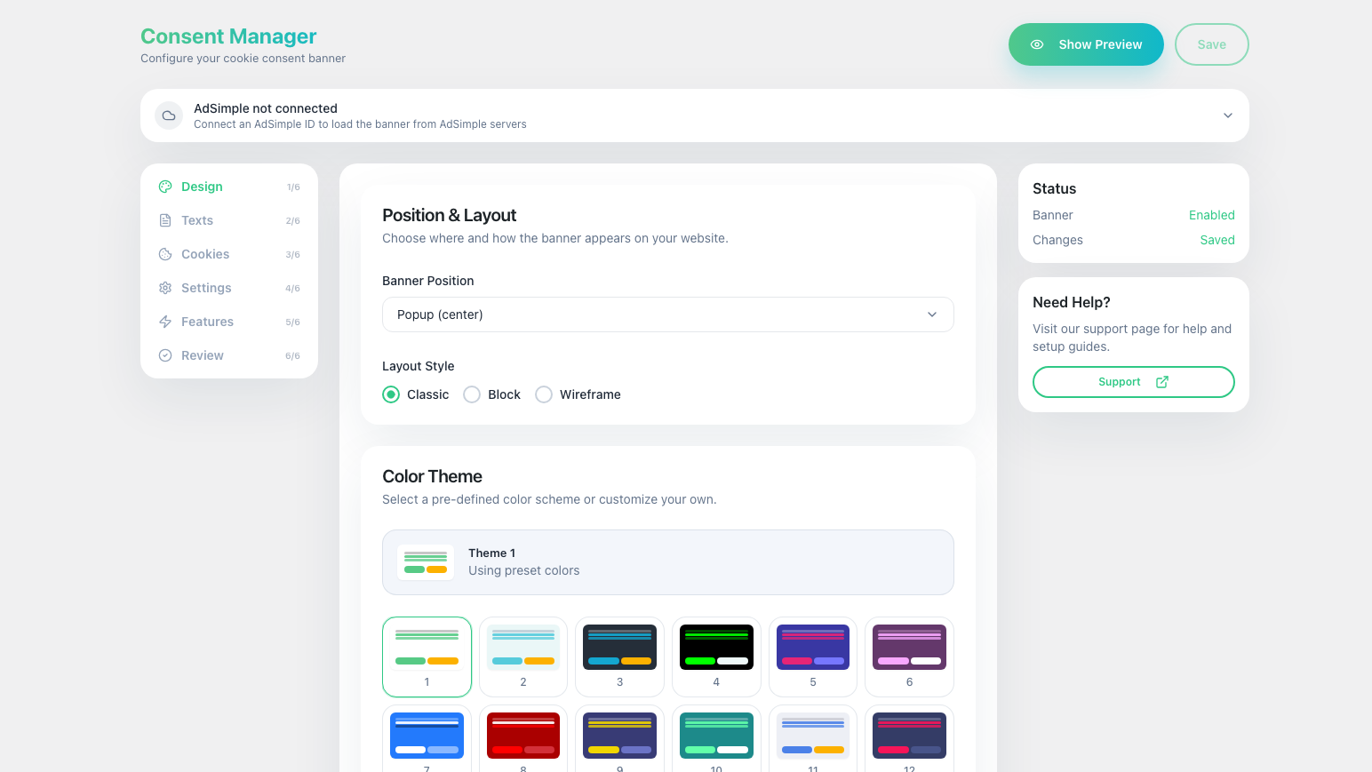 Consent Manager wizard — Review tab with configuration summary