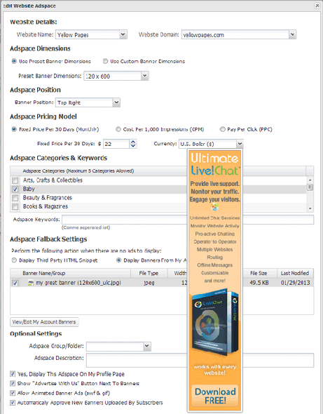 Edit Ad Space Details Screen.