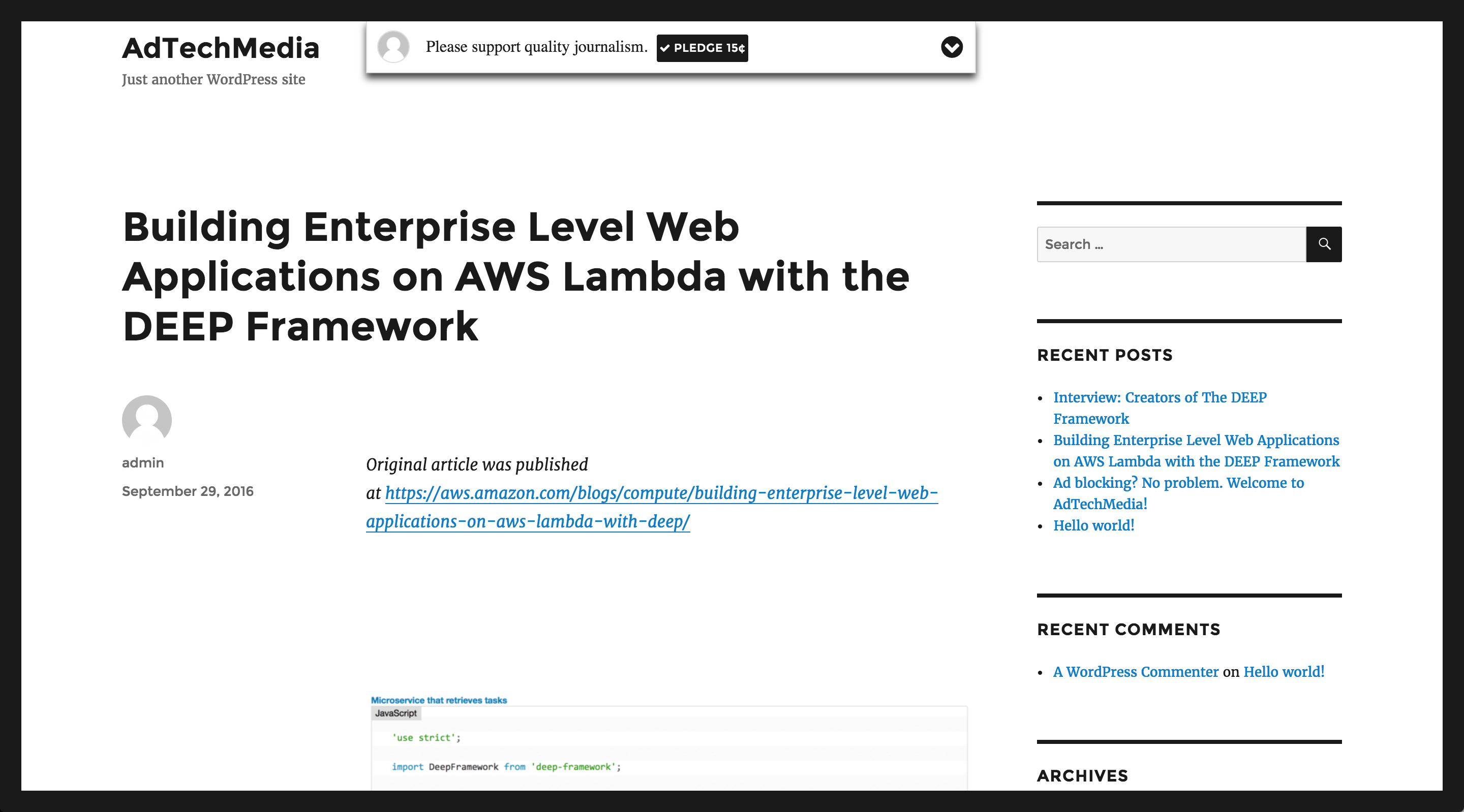 When user scrolls down to read the article, AdTechMedia Modal appears in collapsed mode