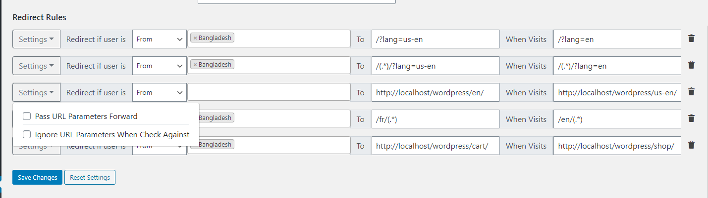 Redirect Rules List panel for Advanced GeoIP Redirect Plugin.