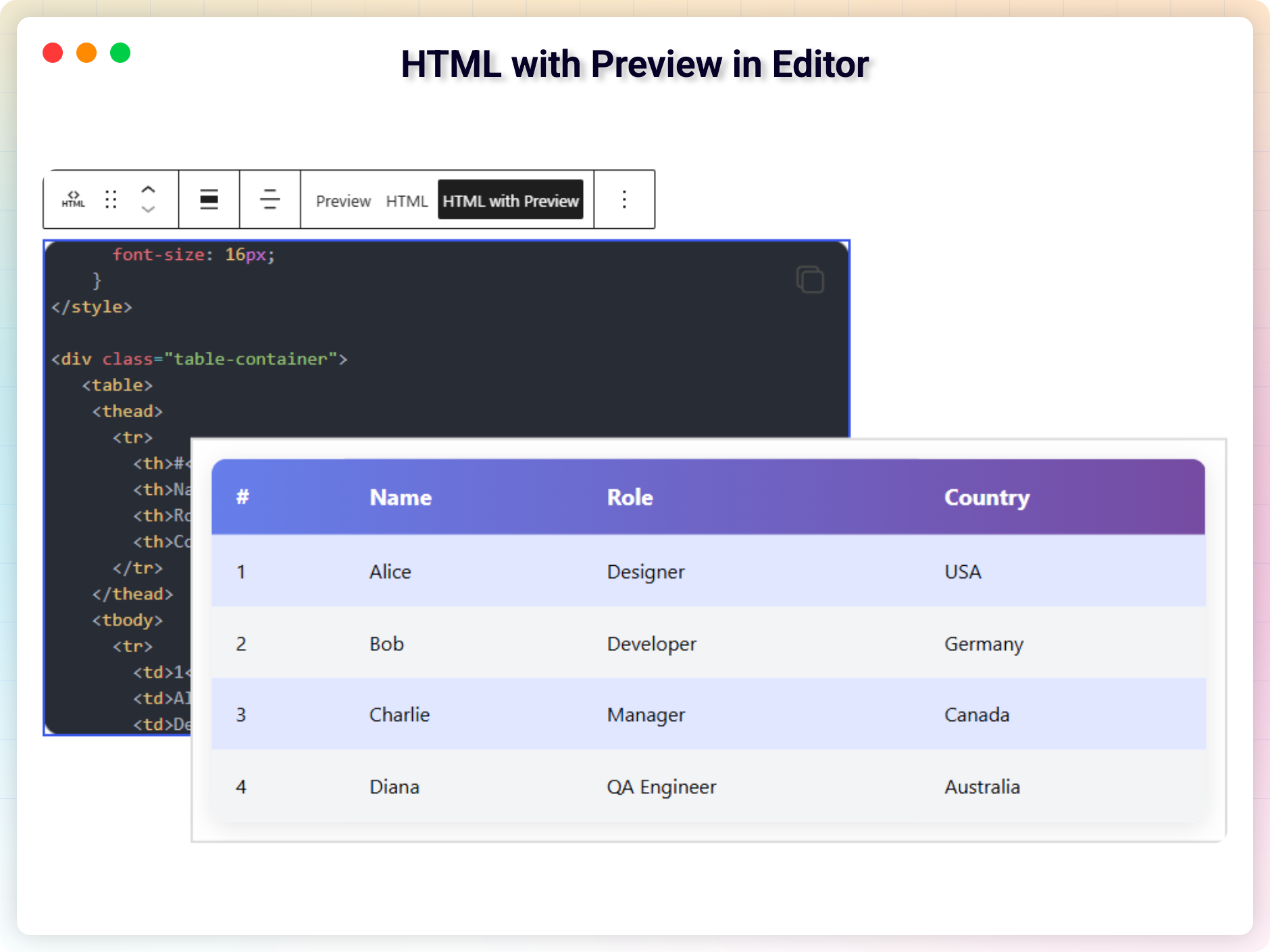 HTML with Preview in Editor