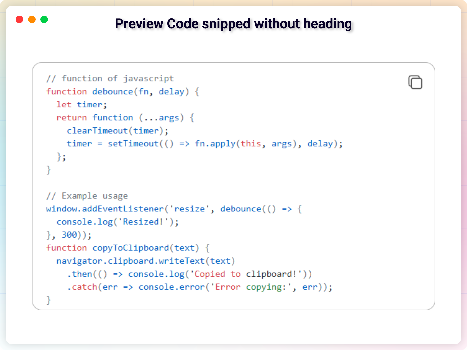 Preview Code snipped without heading