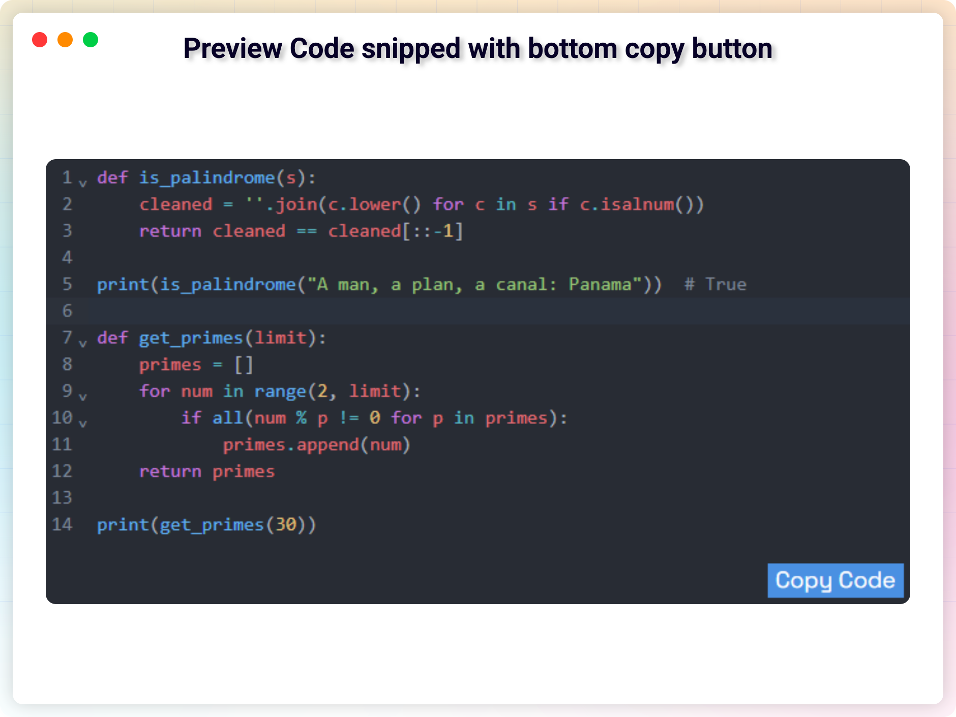 Preview Code snipped with bottom copy button