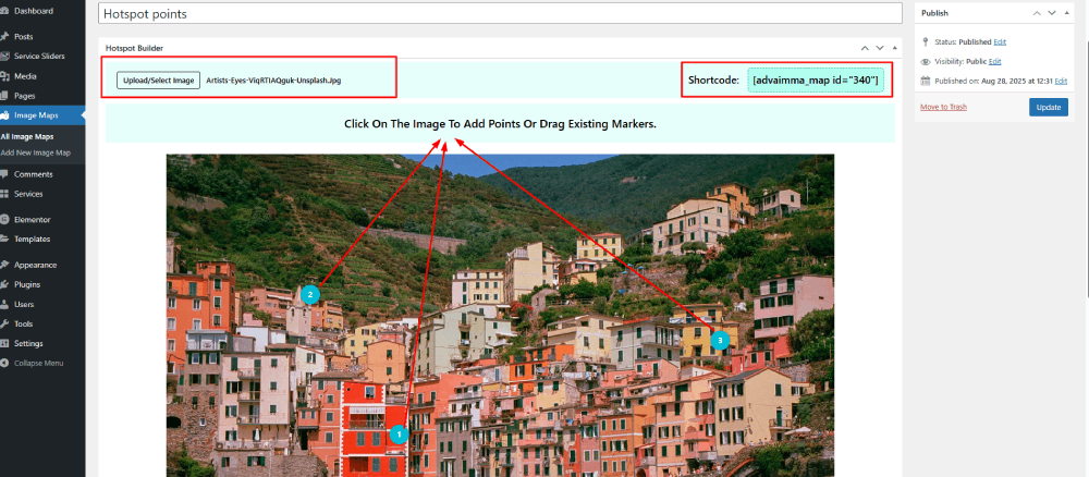 Place and drag markers (hotspots) on the uploaded image.